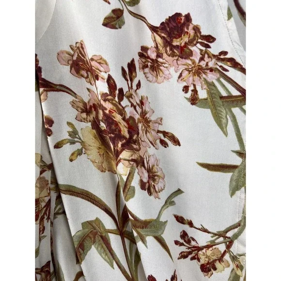 H&M Size 8 Women White Brown Floral Long Sleeve Button-Up Front Tie Top Blouse - Picture 2 of 10